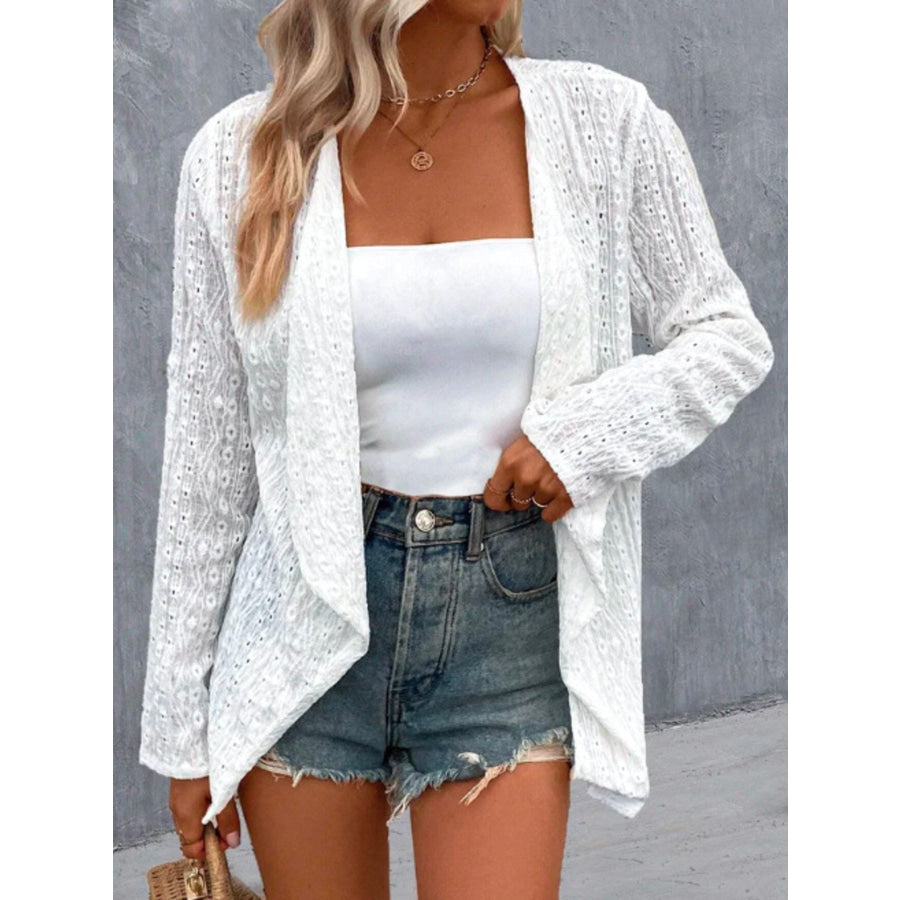 Eyelet Embroidered Open Front Cardigan White / S Apparel and Accessories