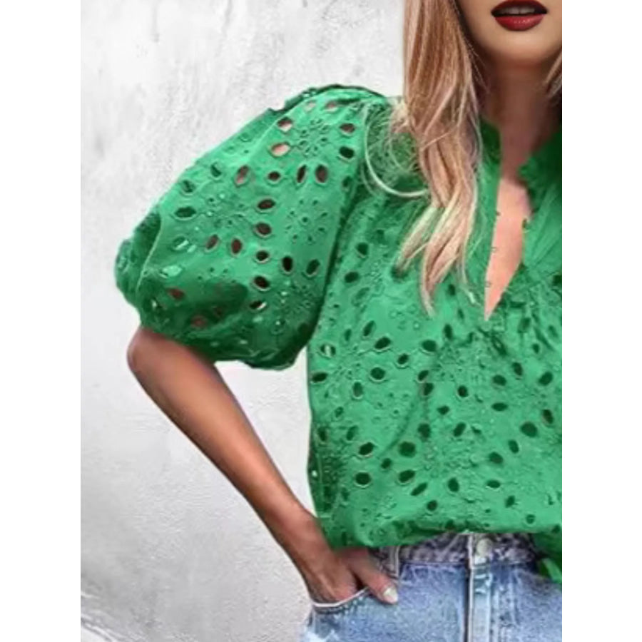 Eyelet Embroidered Puff Sleeve Blouse Apparel and Accessories