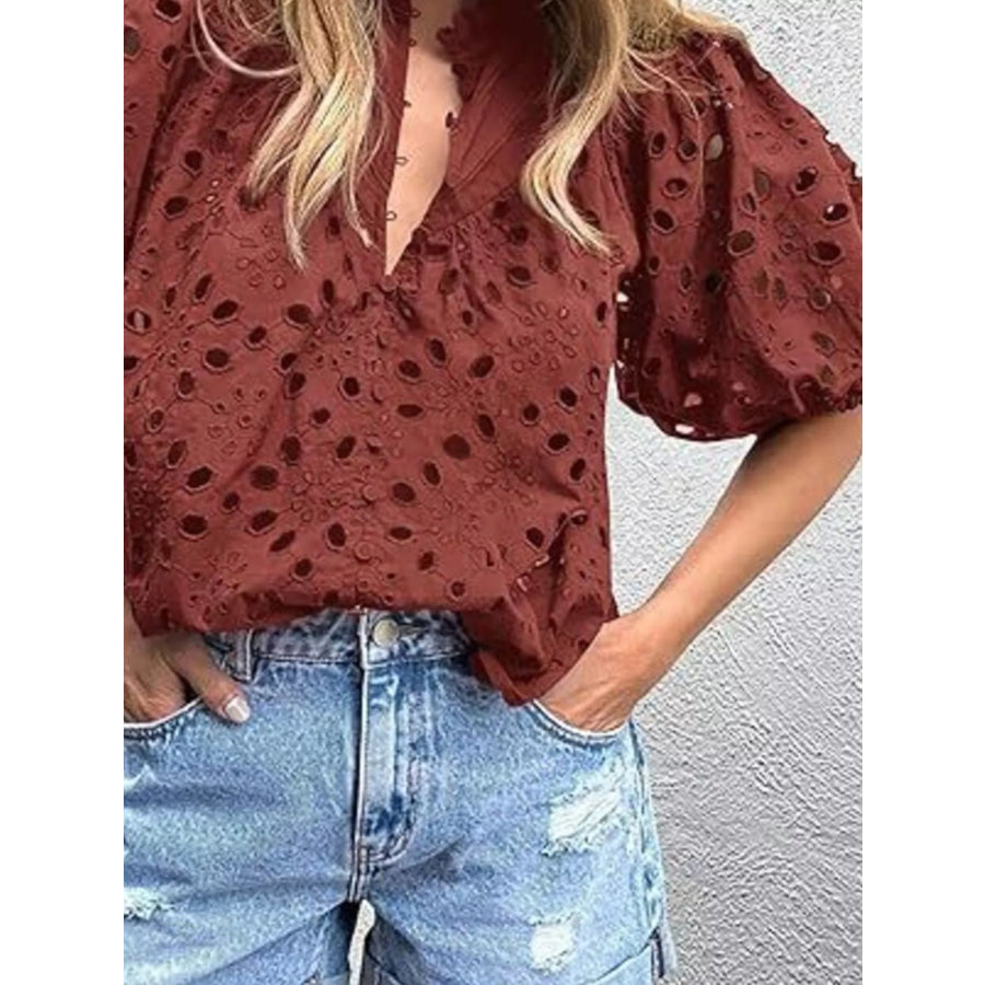 Eyelet Embroidered Puff Sleeve Blouse Apparel and Accessories