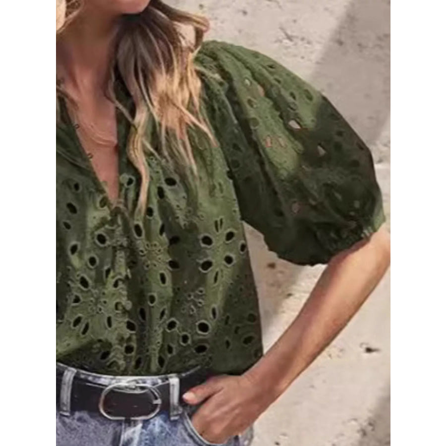 Eyelet Embroidered Puff Sleeve Blouse Apparel and Accessories