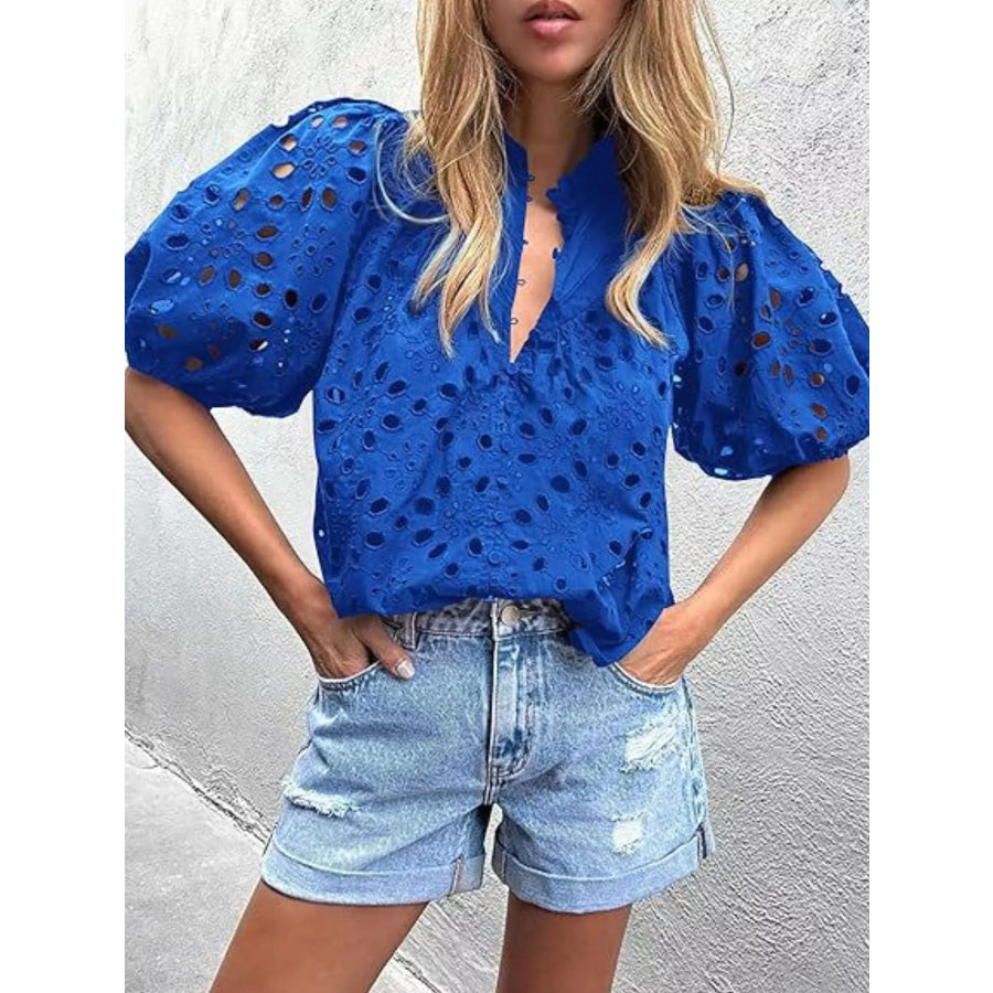 Eyelet Embroidered Puff Sleeve Blouse Blue / S Apparel and Accessories