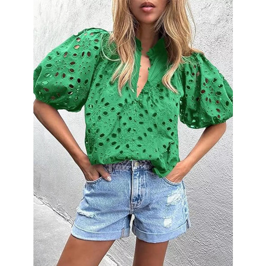 Eyelet Embroidered Puff Sleeve Blouse Green / S Apparel and Accessories
