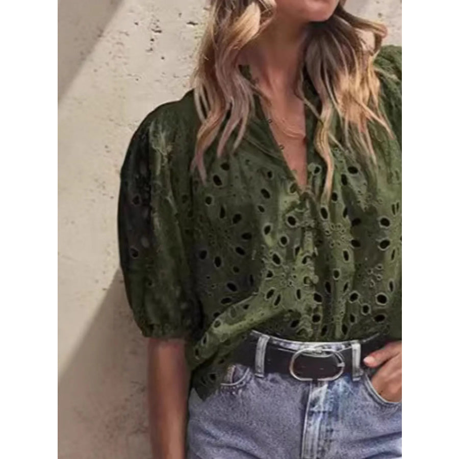 Eyelet Embroidered Puff Sleeve Blouse Military Green / S Apparel and Accessories