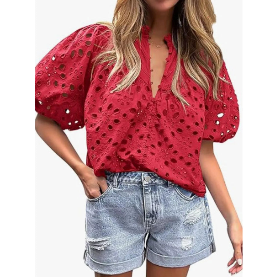 Eyelet Embroidered Puff Sleeve Blouse Red / S Apparel and Accessories
