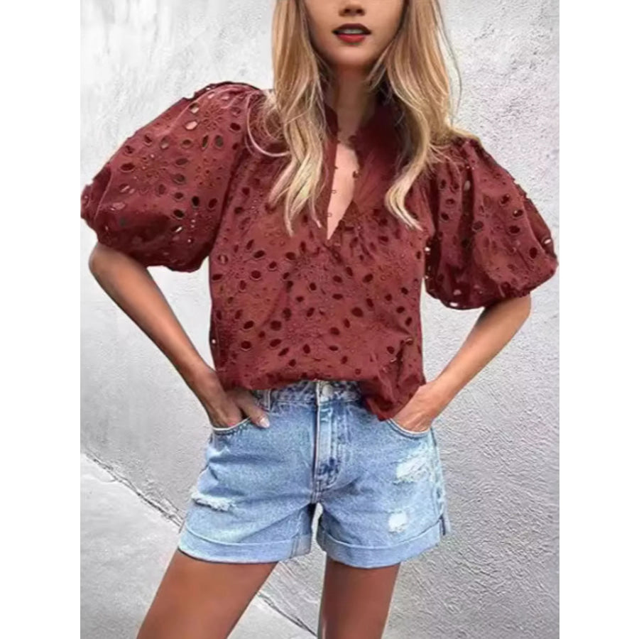 Eyelet Embroidered Puff Sleeve Blouse Wine Red / S Apparel and Accessories