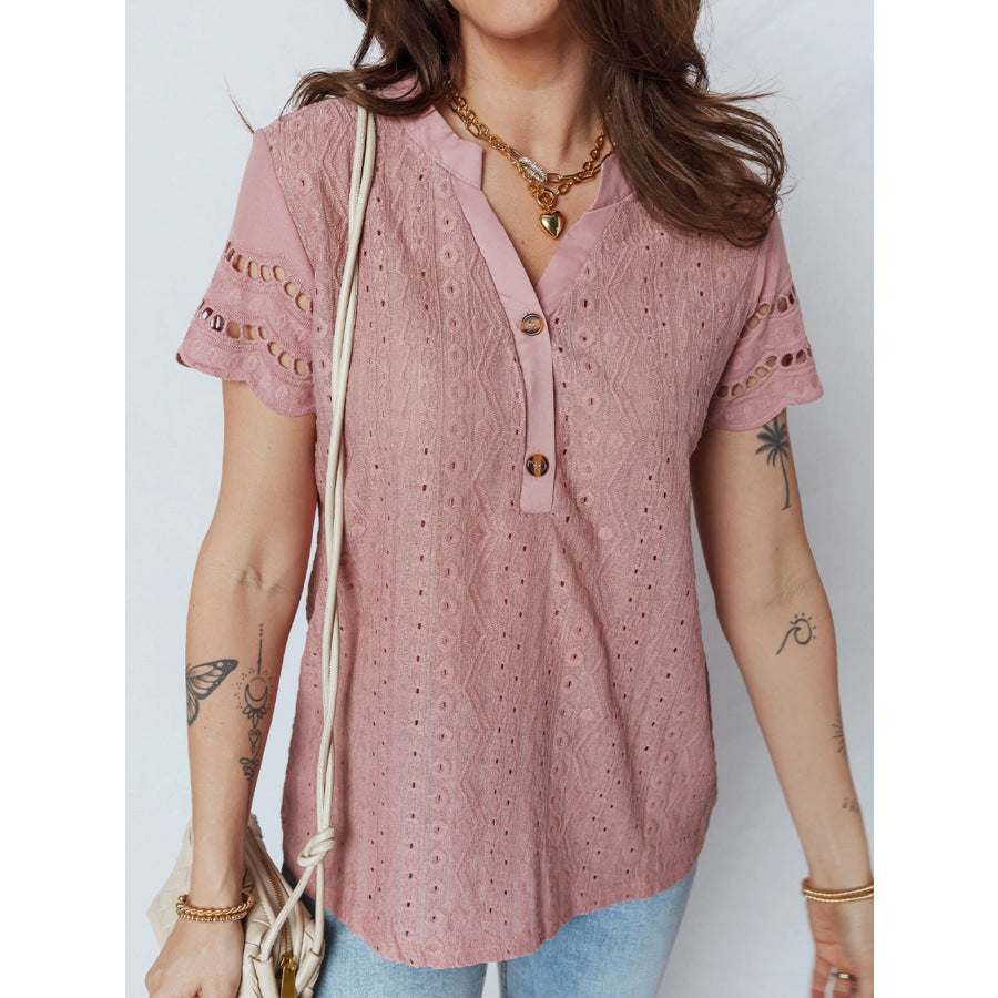 Eyelet Embroidered Short Sleeve Blouse Apparel and Accessories