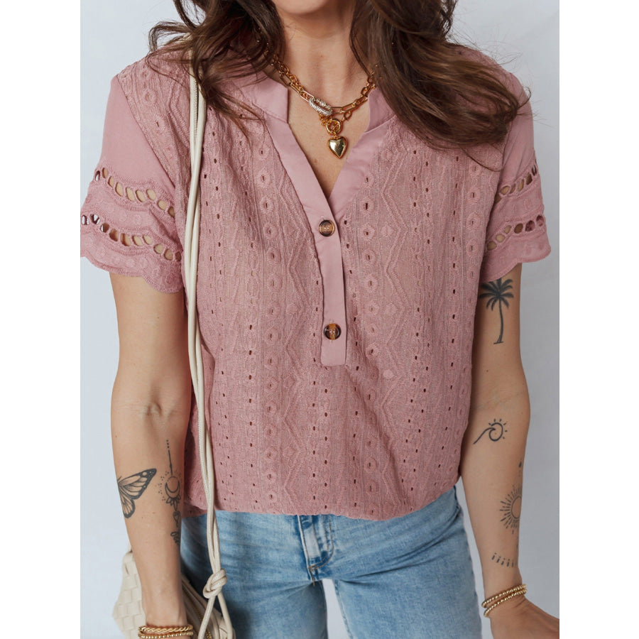 Eyelet Embroidered Short Sleeve Blouse Apparel and Accessories