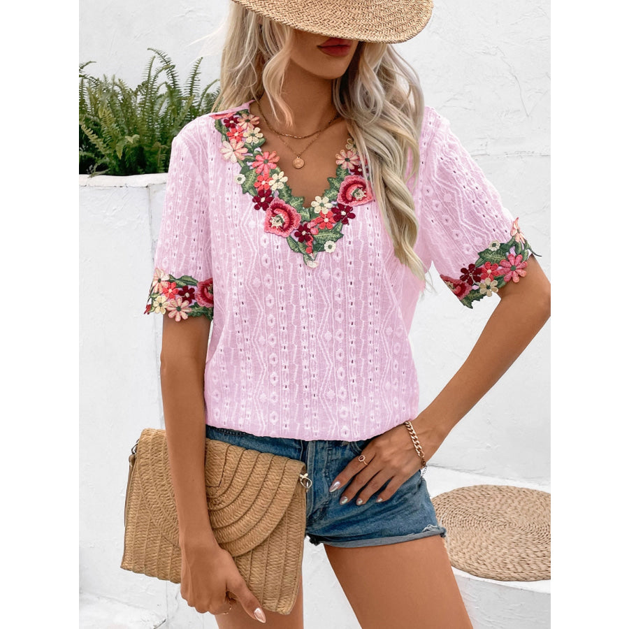 Eyelet Embroidered V - Neck Short Sleeve Blouse Apparel and Accessories