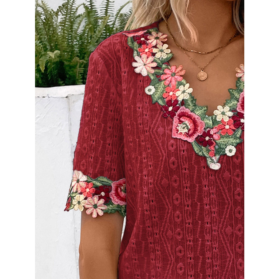 Eyelet Embroidered V - Neck Short Sleeve Blouse Apparel and Accessories