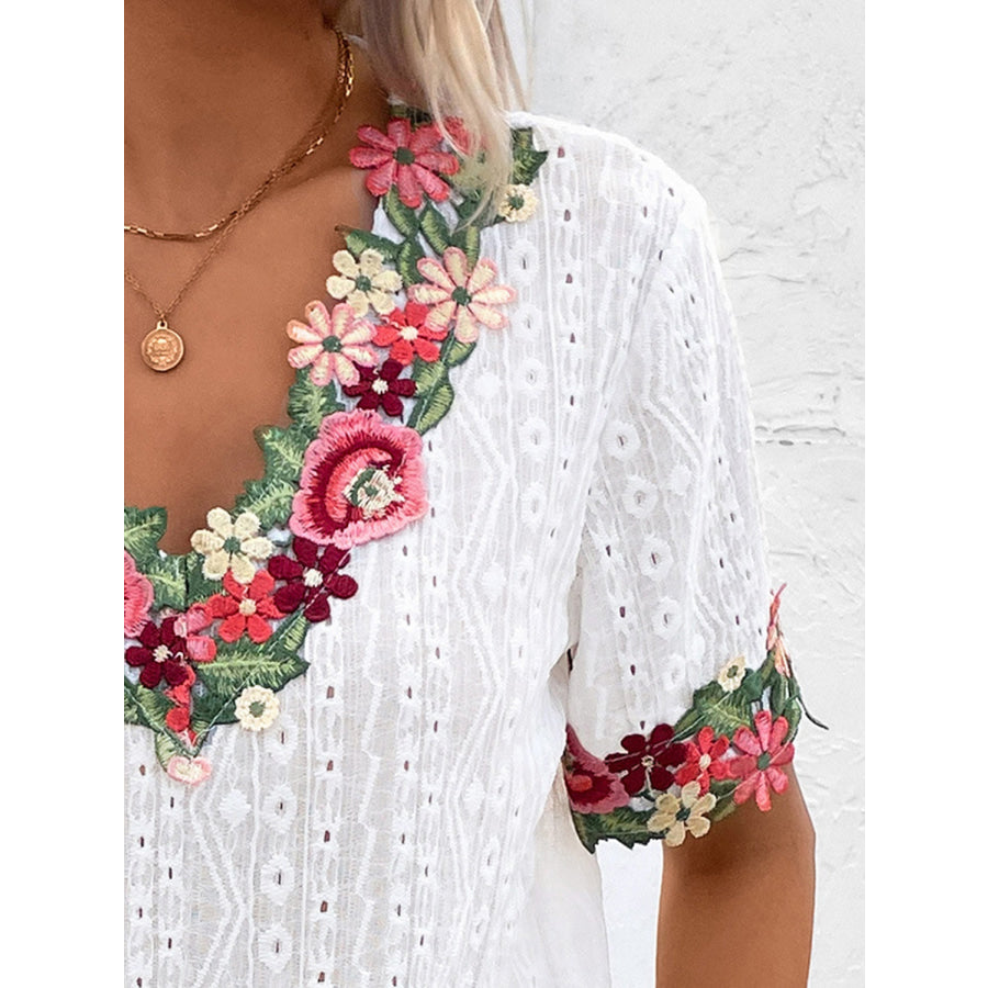 Eyelet Embroidered V - Neck Short Sleeve Blouse Apparel and Accessories