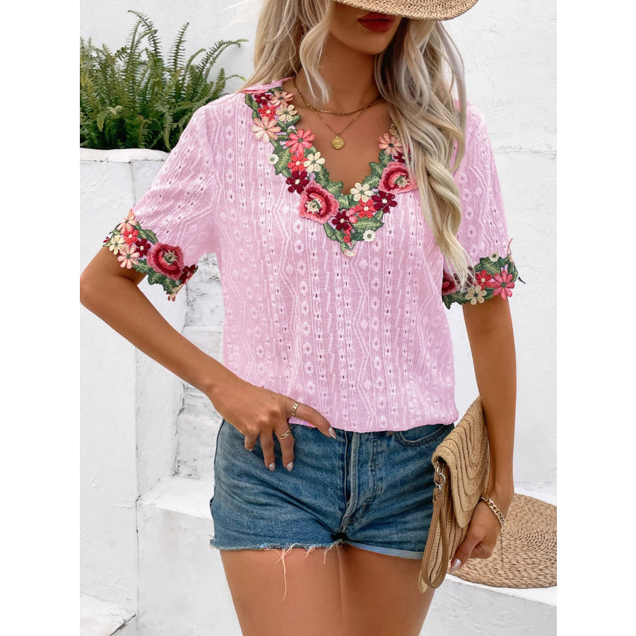 Eyelet Embroidered V - Neck Short Sleeve Blouse Apparel and Accessories