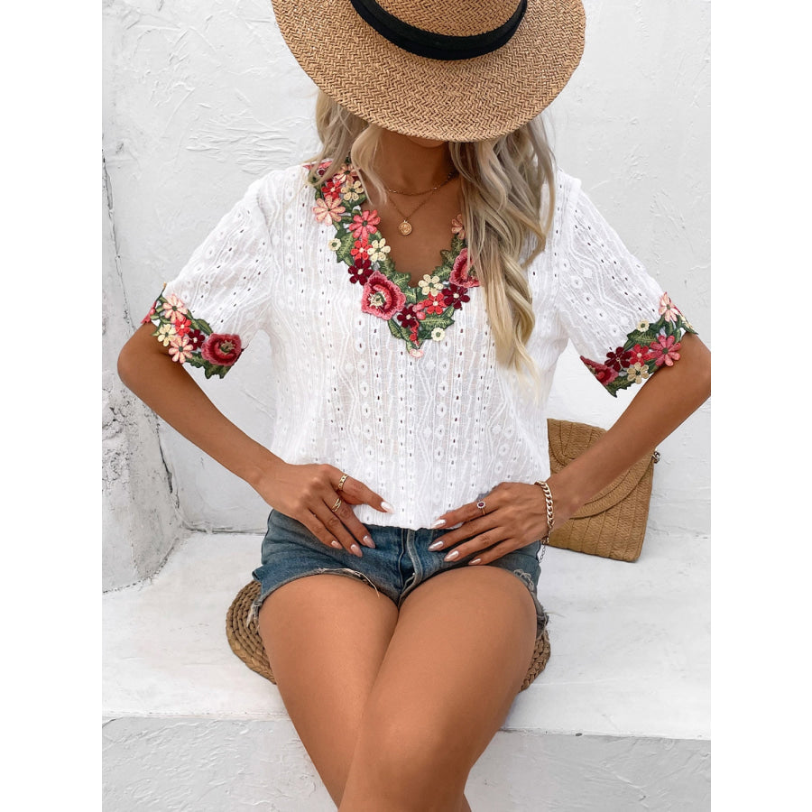 Eyelet Embroidered V - Neck Short Sleeve Blouse Apparel and Accessories