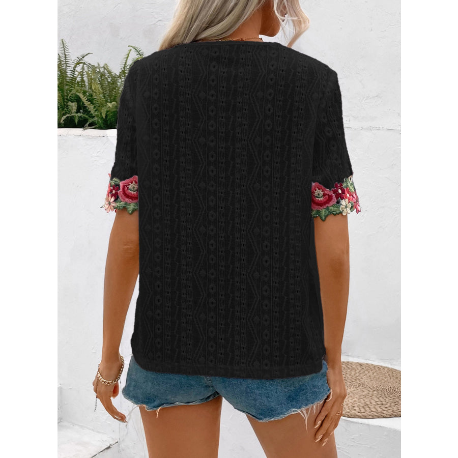 Eyelet Embroidered V - Neck Short Sleeve Blouse Apparel and Accessories