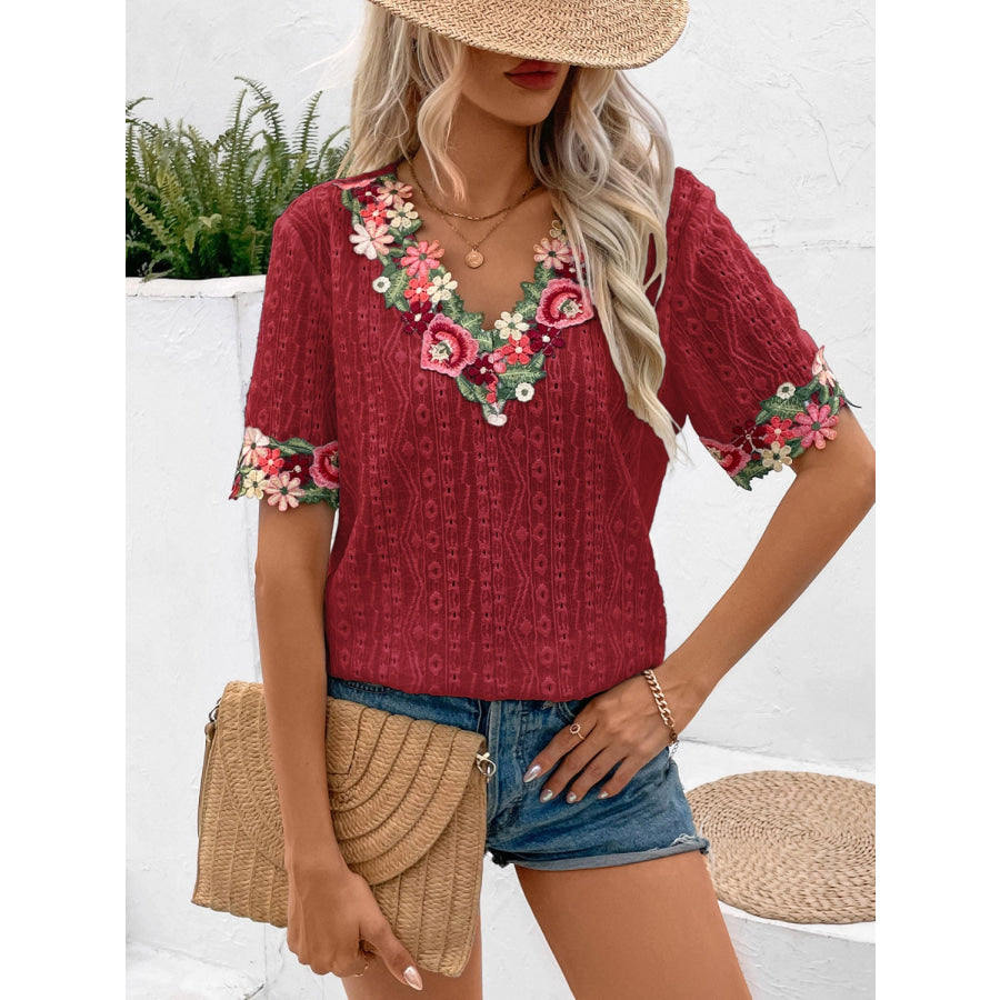 Eyelet Embroidered V - Neck Short Sleeve Blouse Apparel and Accessories