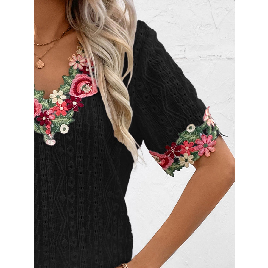 Eyelet Embroidered V - Neck Short Sleeve Blouse Apparel and Accessories