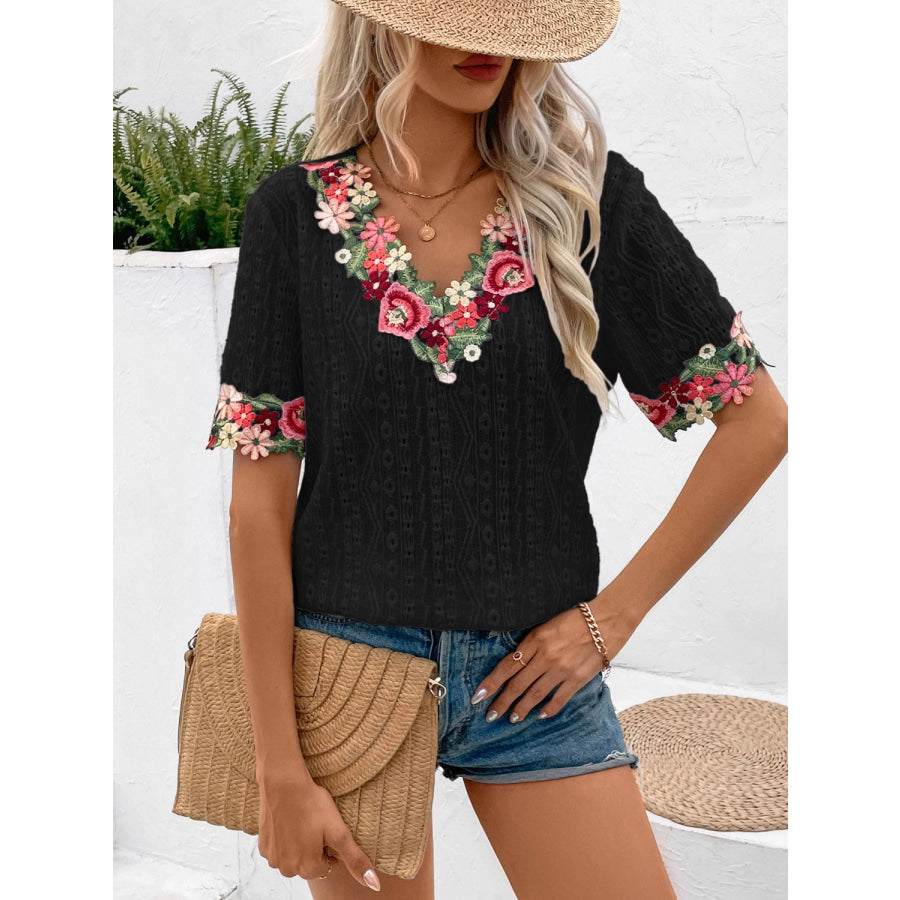 Eyelet Embroidered V - Neck Short Sleeve Blouse Black / S Apparel and Accessories