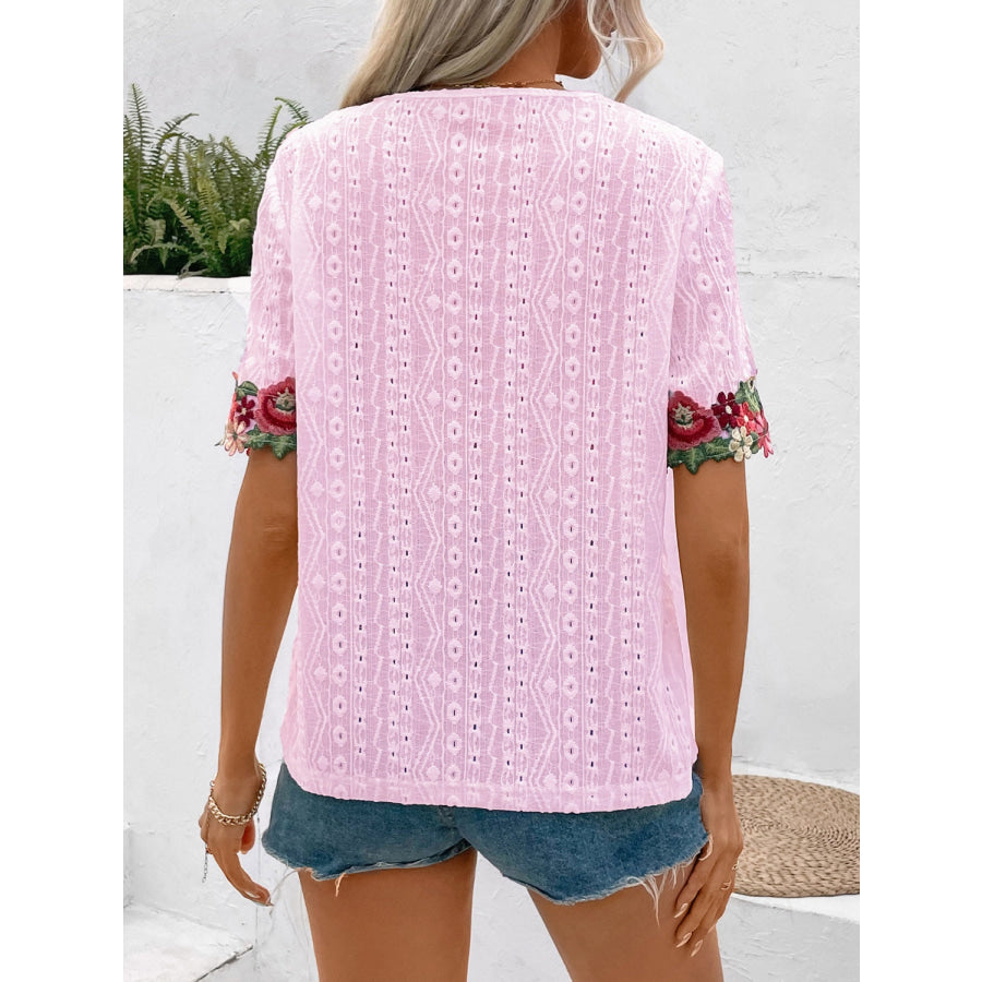 Eyelet Embroidered V - Neck Short Sleeve Blouse Blush Pink / S Apparel and Accessories