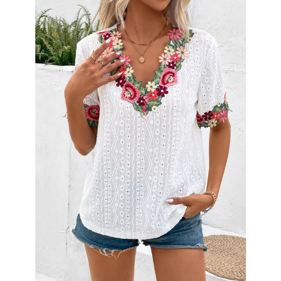 Eyelet Embroidered V - Neck Short Sleeve Blouse White / S Apparel and Accessories