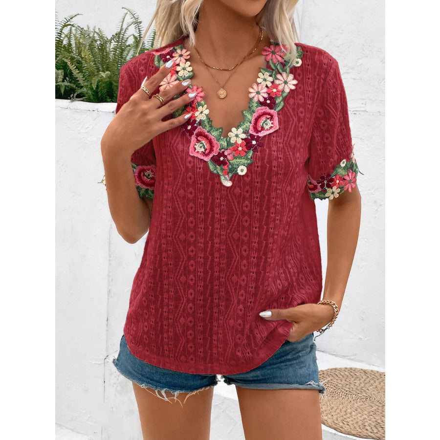 Eyelet Embroidered V - Neck Short Sleeve Blouse Wine / S Apparel and Accessories