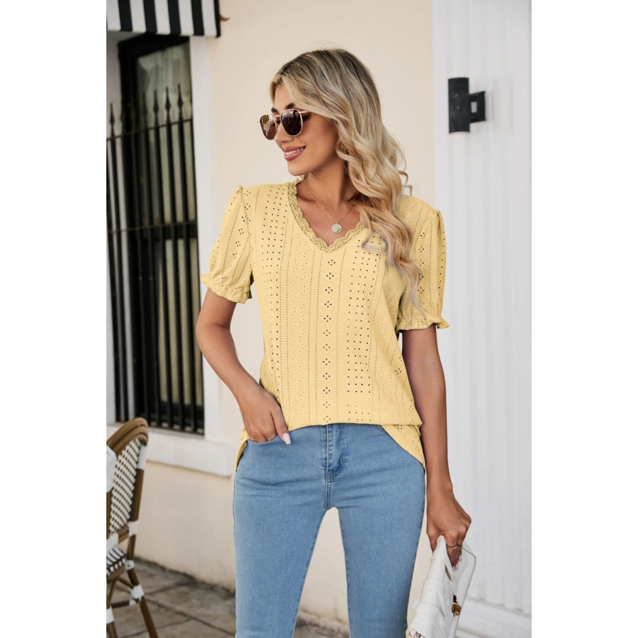 Eyelet Flounce Sleeve Scalloped V-Neck Top Banana Yellow / S