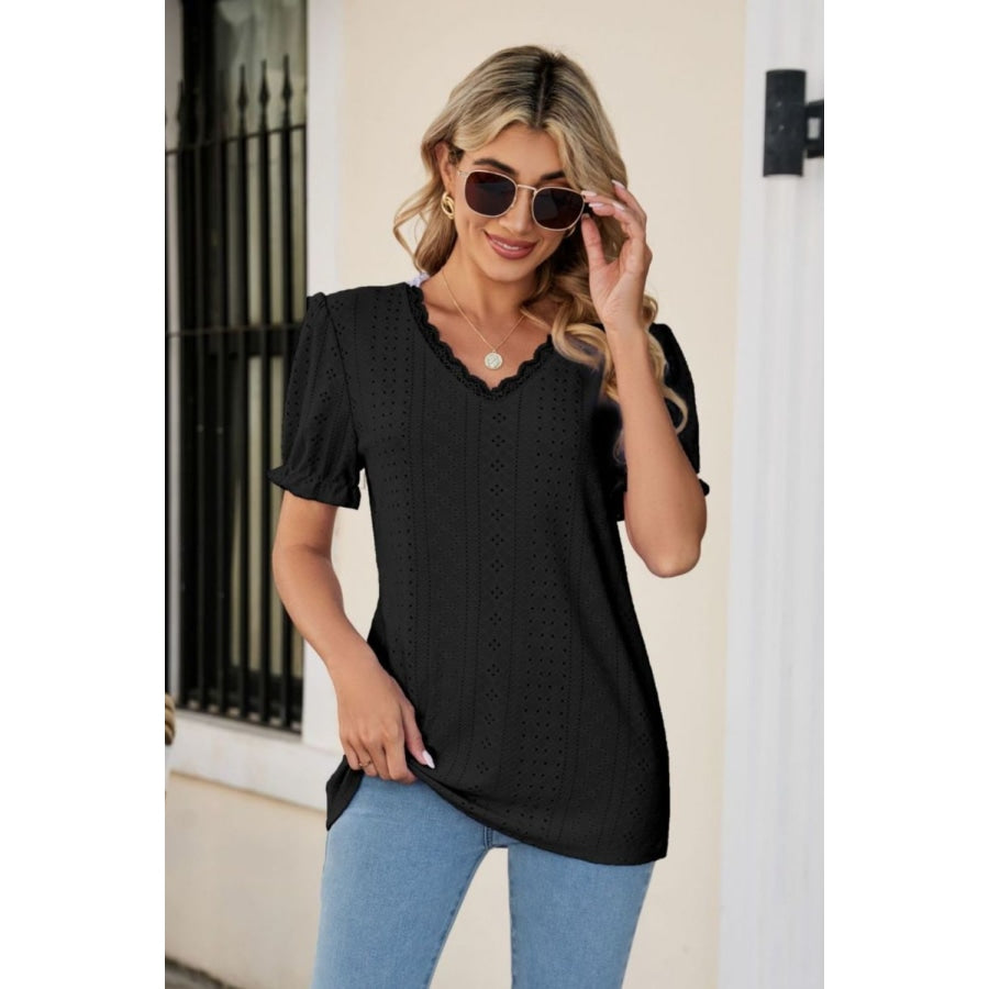 Eyelet Flounce Sleeve Scalloped V-Neck Top Black / S