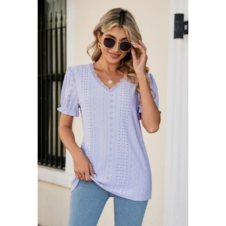 Eyelet Flounce Sleeve Scalloped V-Neck Top Lavender / S