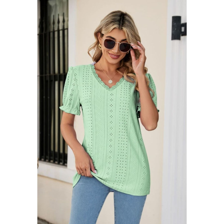 Eyelet Flounce Sleeve Scalloped V-Neck Top Light Green / S