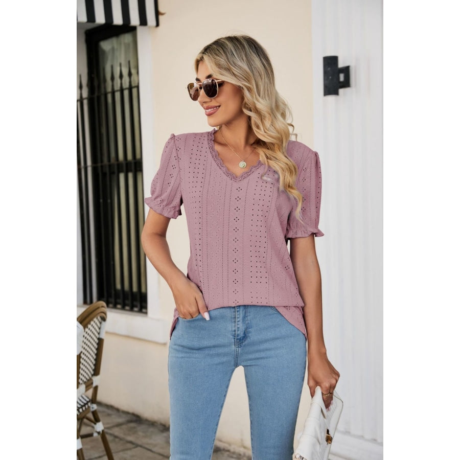 Eyelet Flounce Sleeve Scalloped V-Neck Top Moonlit Mauve / S