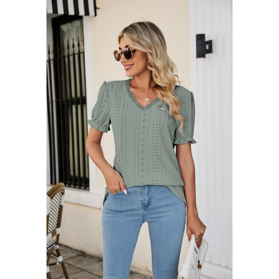 Eyelet Flounce Sleeve Scalloped V-Neck Top Sage / S