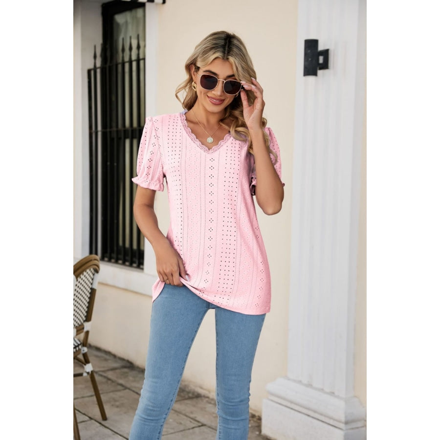 Eyelet Flounce Sleeve Scalloped V-Neck Top