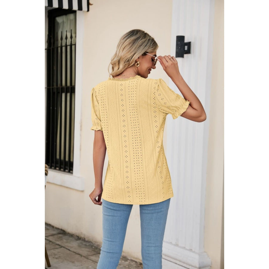 Eyelet Flounce Sleeve Scalloped V-Neck Top Banana Yellow / S