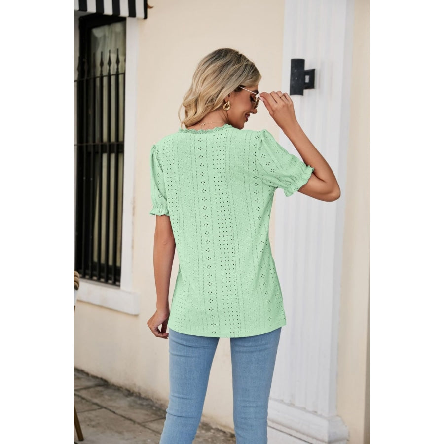 Eyelet Flounce Sleeve Scalloped V-Neck Top