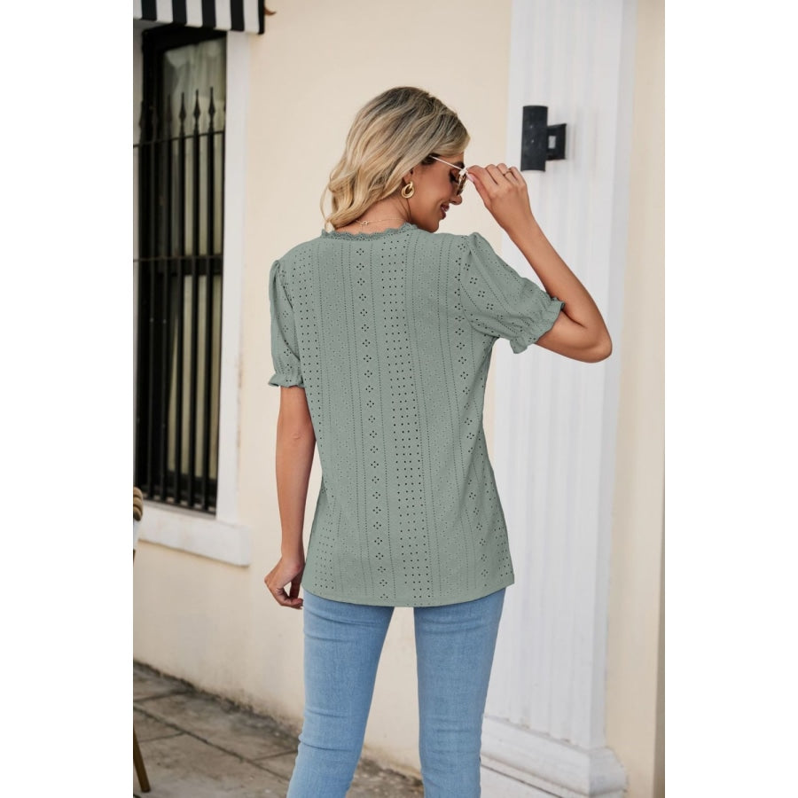 Eyelet Flounce Sleeve Scalloped V-Neck Top