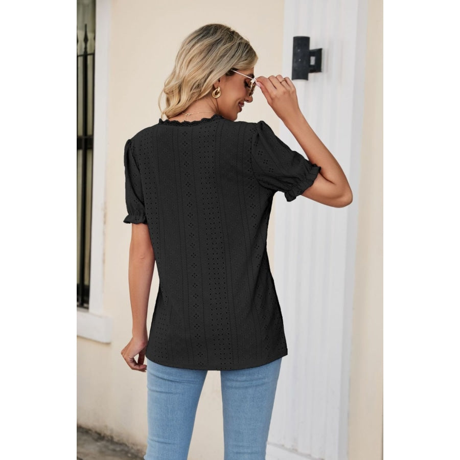 Eyelet Flounce Sleeve Scalloped V-Neck Top