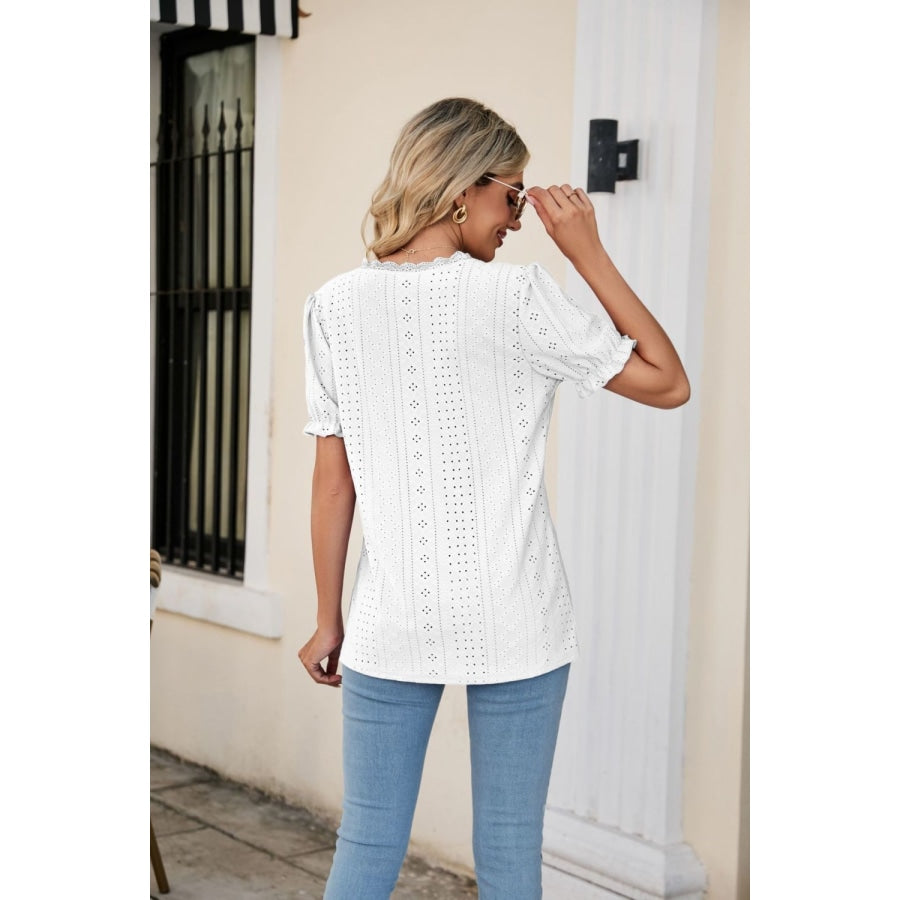 Eyelet Flounce Sleeve Scalloped V-Neck Top