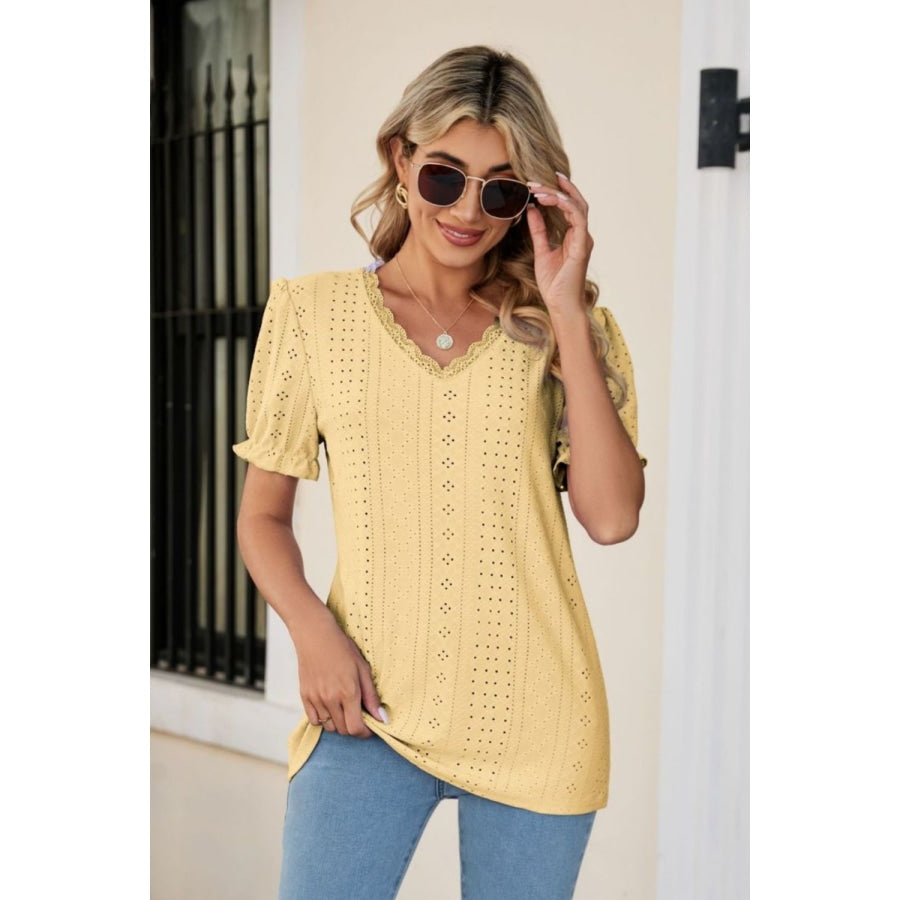 Eyelet Flounce Sleeve Scalloped V-Neck Top