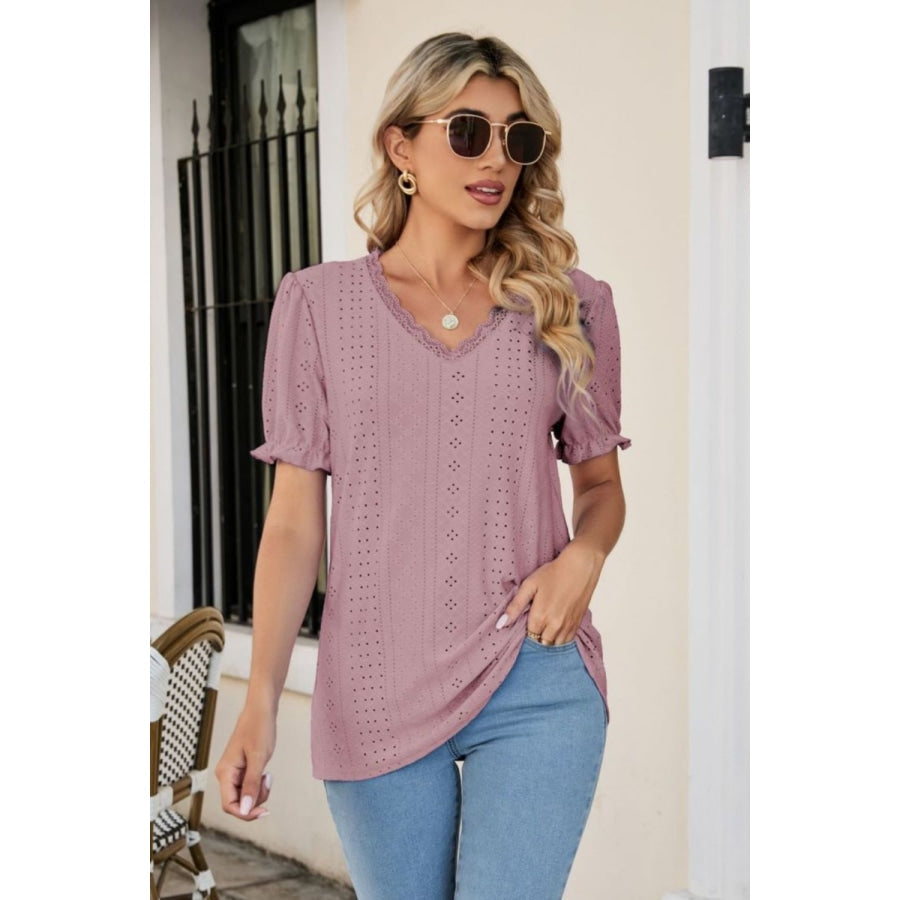 Eyelet Flounce Sleeve Scalloped V-Neck Top