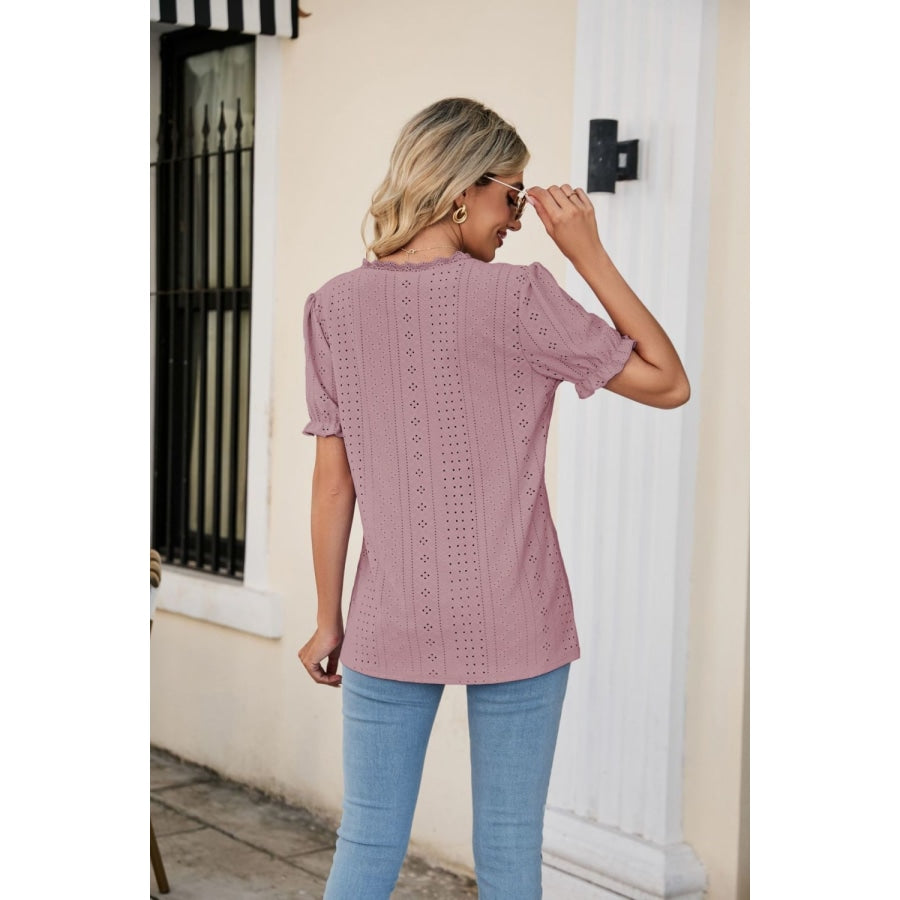 Eyelet Flounce Sleeve Scalloped V-Neck Top