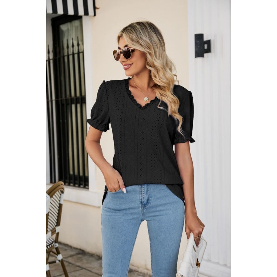 Eyelet Flounce Sleeve Scalloped V-Neck Top