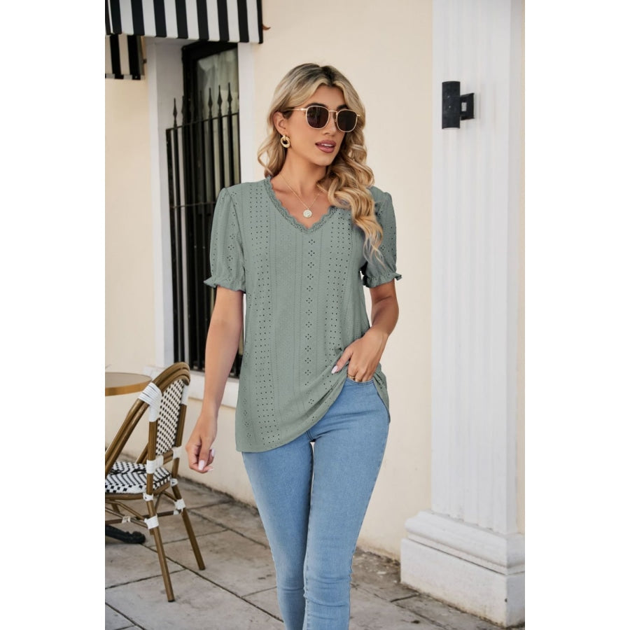 Eyelet Flounce Sleeve Scalloped V-Neck Top