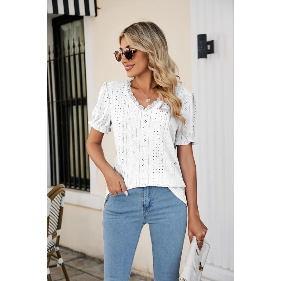 Eyelet Flounce Sleeve Scalloped V-Neck Top White / S