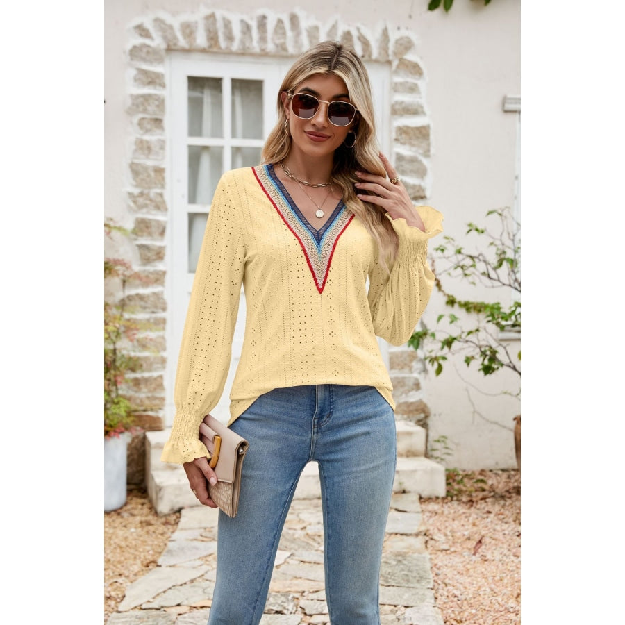 Eyelet Flounce Sleeve V-Neck Blouse Butter Yellow / S