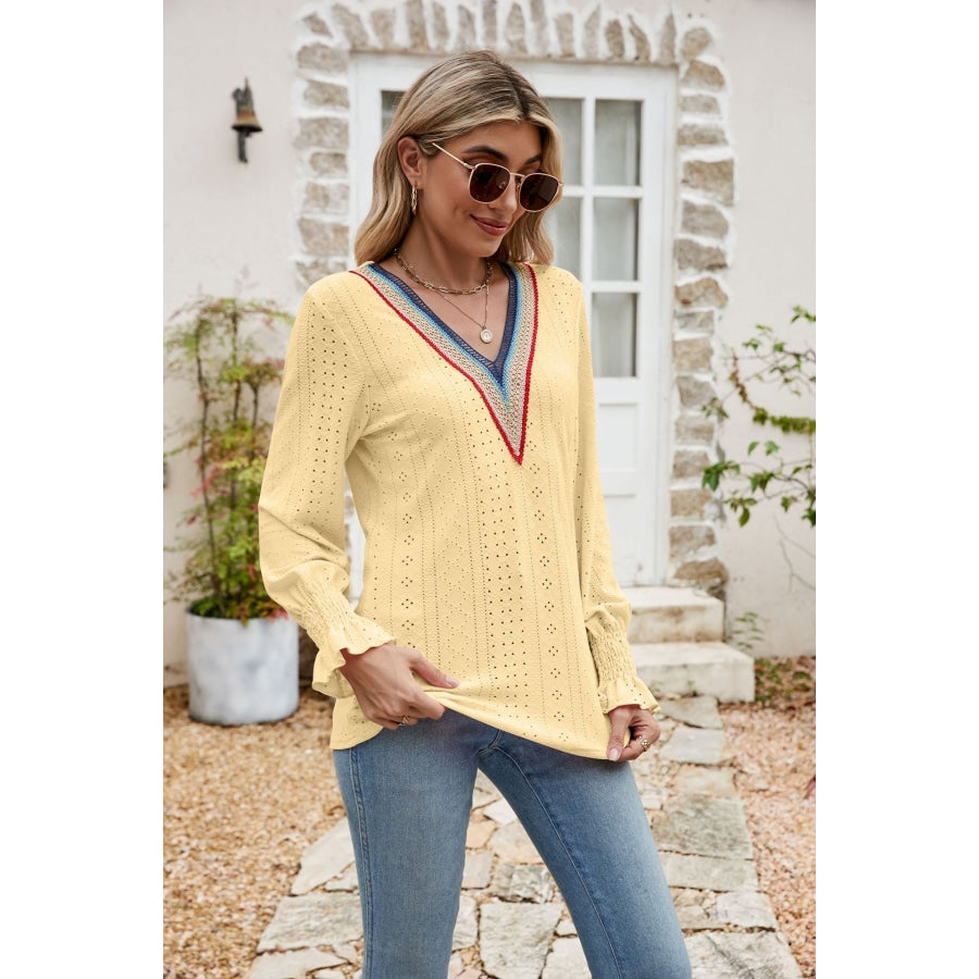 Eyelet Flounce Sleeve V-Neck Blouse Butter Yellow / S