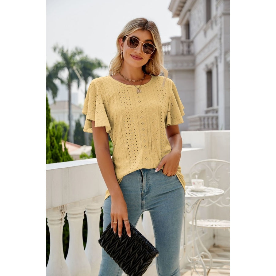 Eyelet Flutter Sleeve Round Neck Top Banana Yellow / S