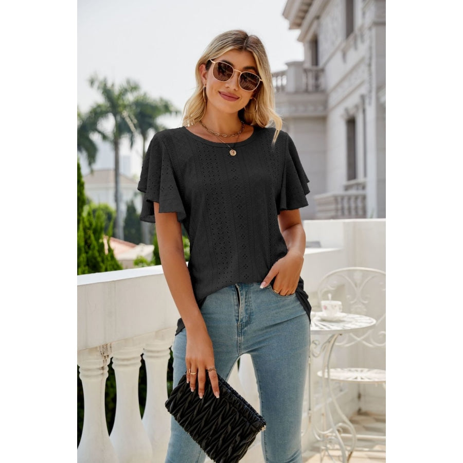 Eyelet Flutter Sleeve Round Neck Top Black / S