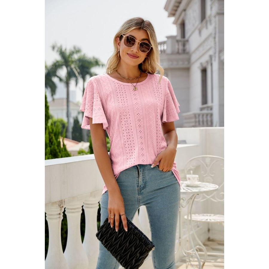 Eyelet Flutter Sleeve Round Neck Top Blush Pink / S