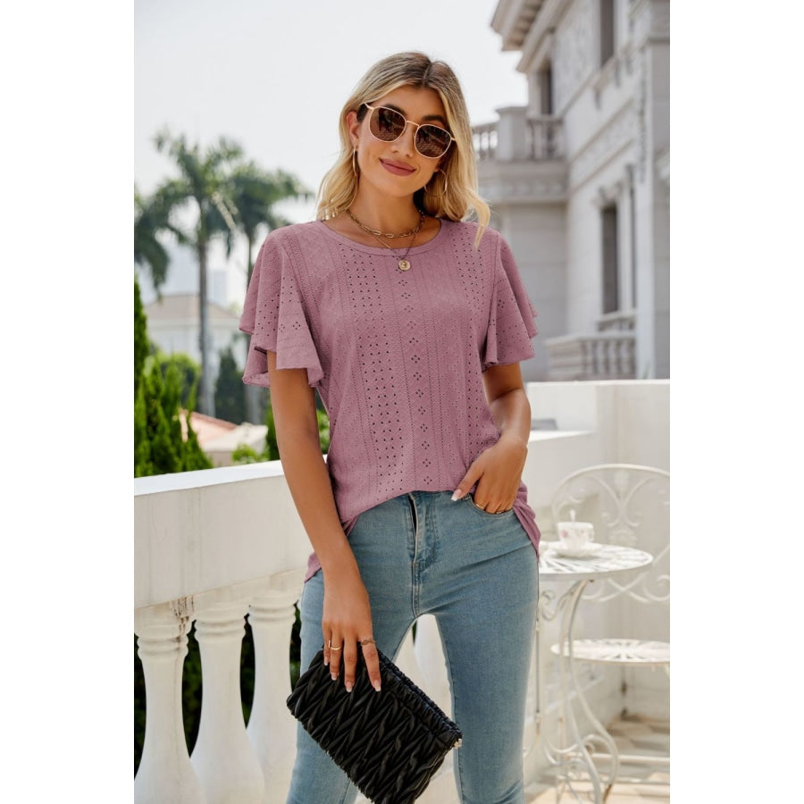 Eyelet Flutter Sleeve Round Neck Top Dusty Purple / S