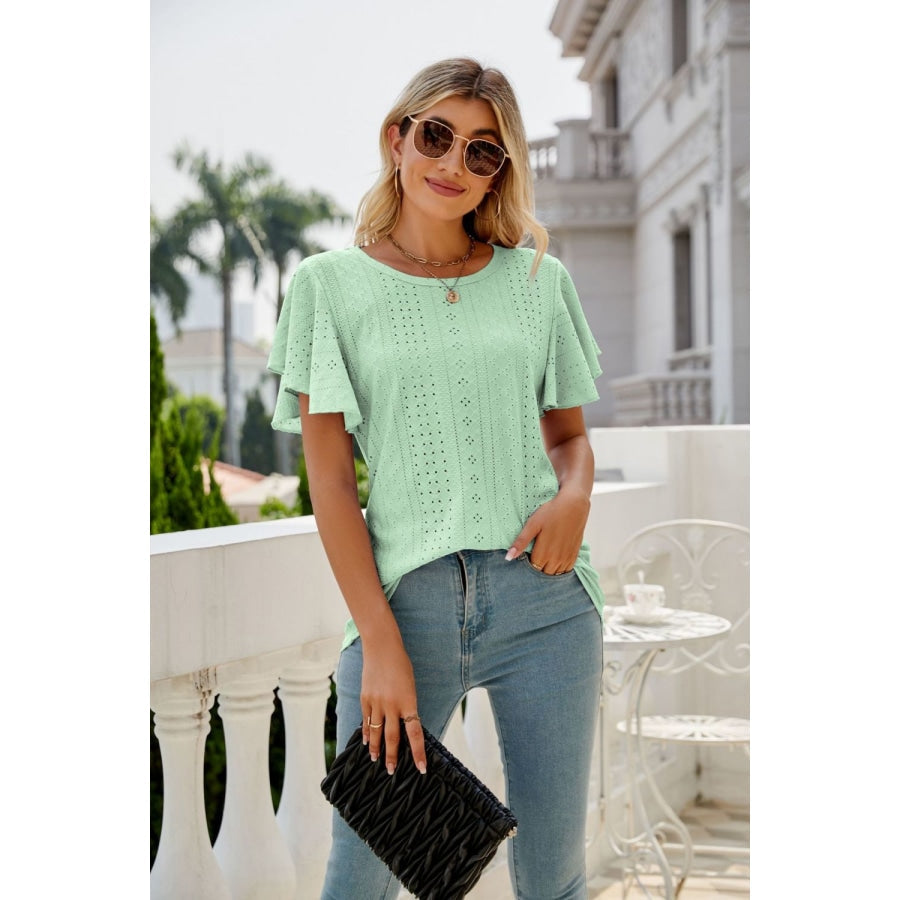 Eyelet Flutter Sleeve Round Neck Top Light Green / S