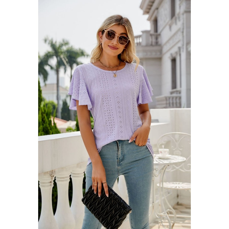 Eyelet Flutter Sleeve Round Neck Top Lilac / S