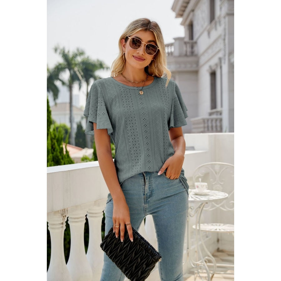 Eyelet Flutter Sleeve Round Neck Top Sage / S